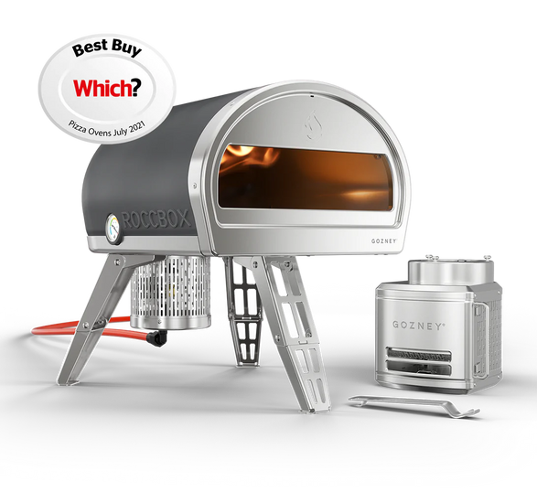 Grey Roccbox comes with oven, gas burner, gas regulator, pizza peel, bottle opener and user manual/recipe book by Gozney with dual fuel option